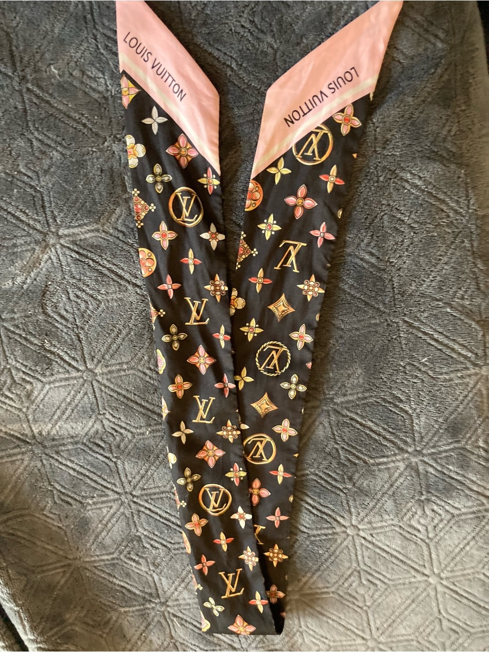 Louis Vuitton Black & Pink Monogram Silk Hair Scarf